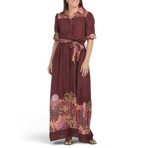 CELINA MOON Rosewood Short Sleeve Safari Print Maxi Dress With Belt